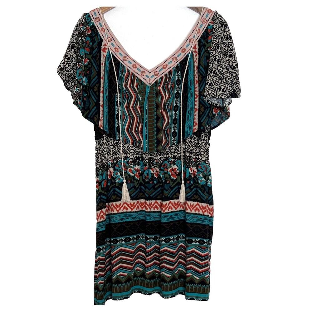 Flying Tomato Dress L Boho Aztec Ruffle Short Festival Sleeveless Tassels